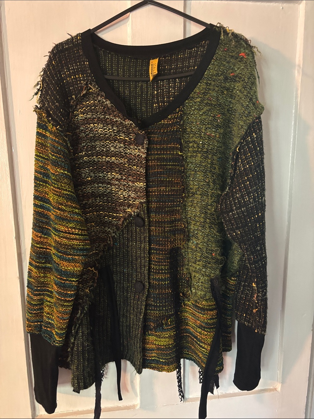 Mixed-Green Patchwork Button-Front Cardigan Sweater